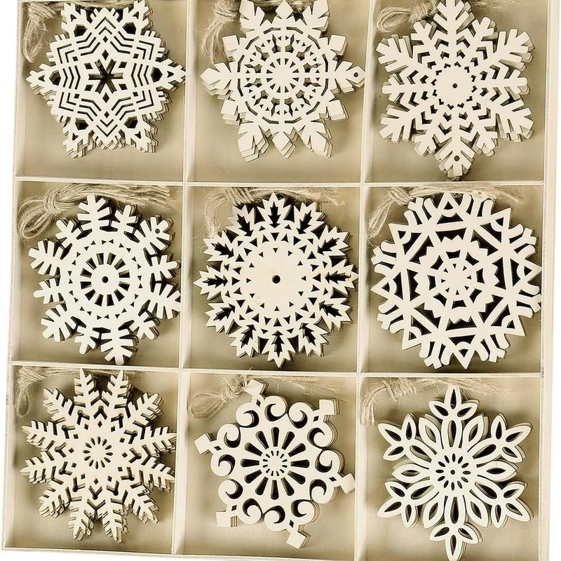 30件木制雪花饰品未完成的木雕工艺品乡村圣诞树挂饰礼品标签挂件|undefined