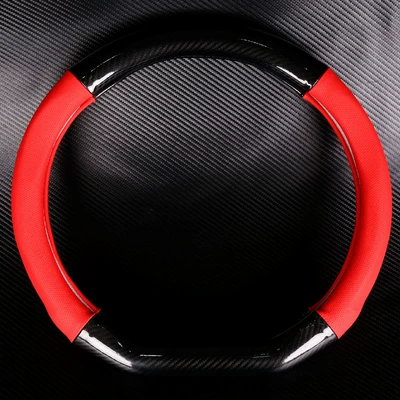 fiber grain steering wheel cover: Steering wheel cover - mirror-carbon-fiber-red-hole-leather-d-shaped-38cm