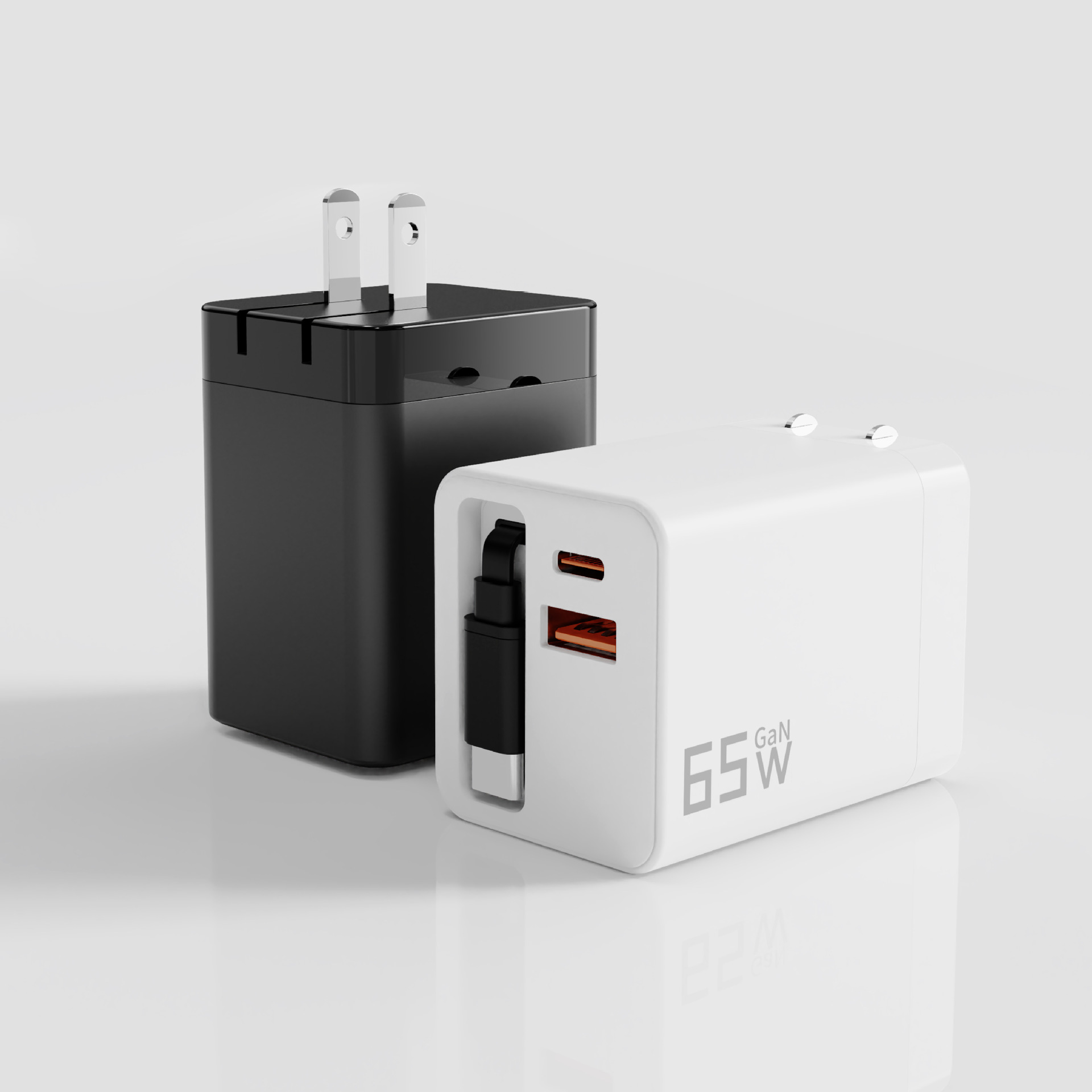 Cargador de nitruro de gallio de 65W protocolo completo de carga rápida A + C cable telescópico de doble puerto para cabezal de carga rápida de Apple Huawei