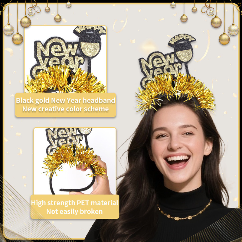 圣诞节新年装饰发箍New Year派对拍照氛围道具香槟高脚杯彩条头箍|undefined