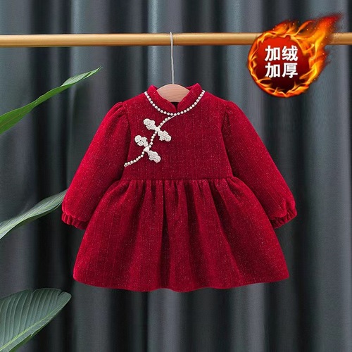 2769 Children's Red Princess Dress Autumn New Girls' Thicker One-piece Dress Stylish Baby Baby Formal Dress Skirt