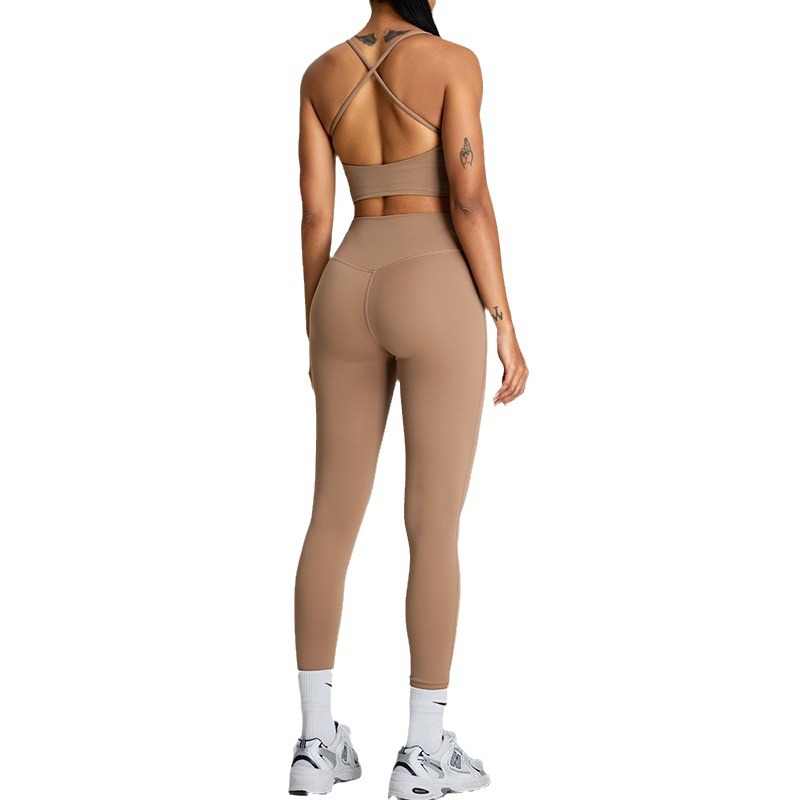 Nuevo conjunto de yoga transfronterizo femenino de belleza de espalda deportiva al aire libre delgado abdomen ajustado ropa de fitness