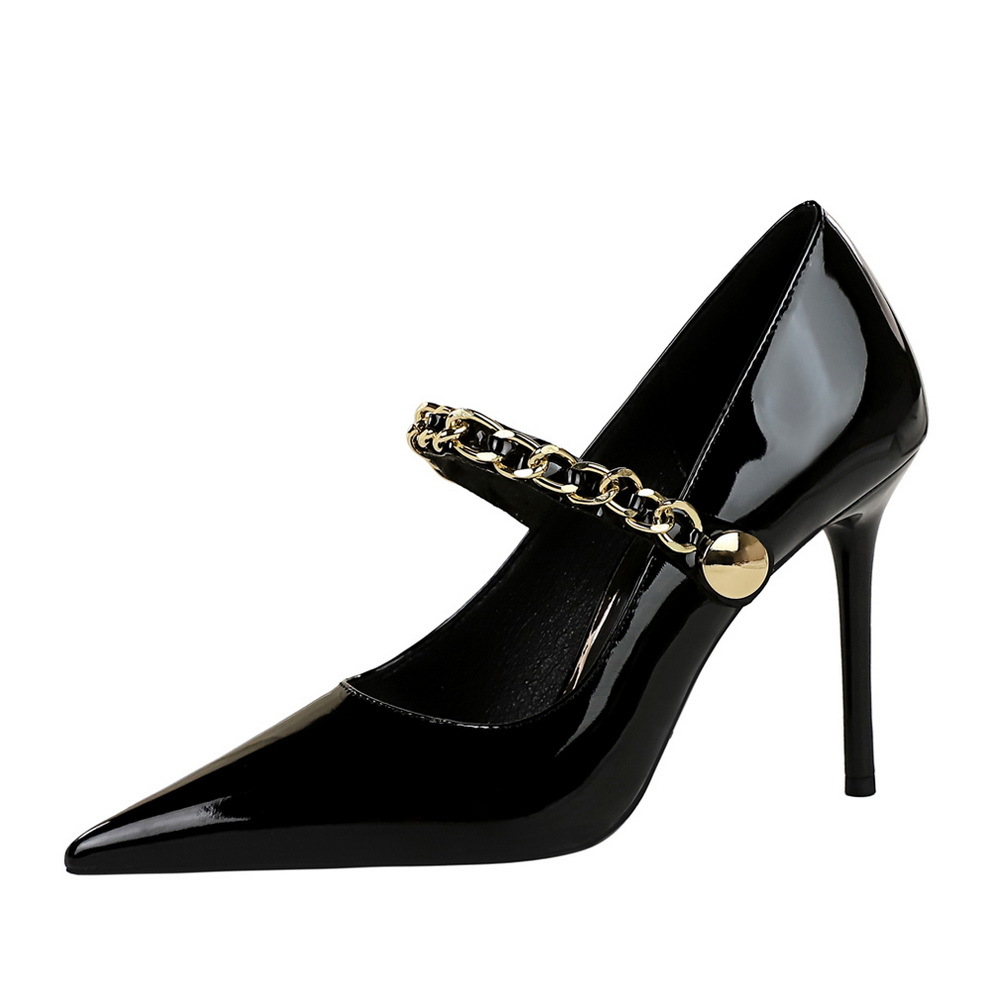 High heels women's shoes slim heels patent leather shallow mouth pointed metal chain line with single shoes_voghion.com