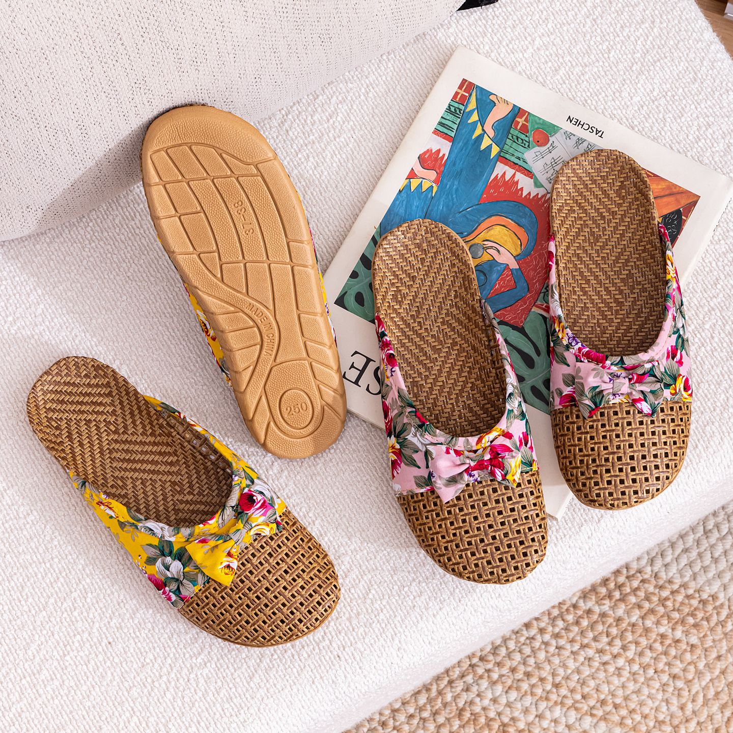 Pantofole estive da donna in lino intrecciato per interni, antiscivolo, con suola spessa, in rattan e paglia, per la casa._voghion.com