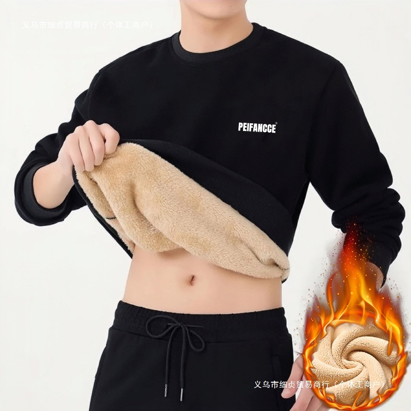 加绒加厚潮流卫衣冬季圆领套头羊羔绒男士外套感宽松保暖上衣