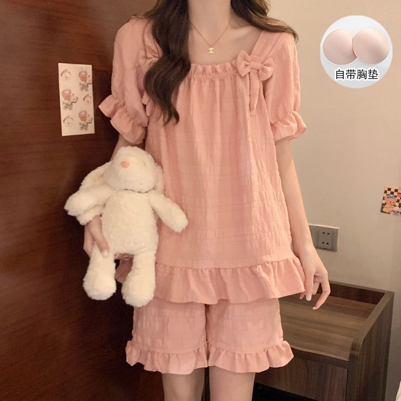 Venta al por mayor transfronteriza estilo caliente verano nuevo pijama mujer nube algodón lazo pantalones cortos de manga corta traje de servicio a domicilio dulce