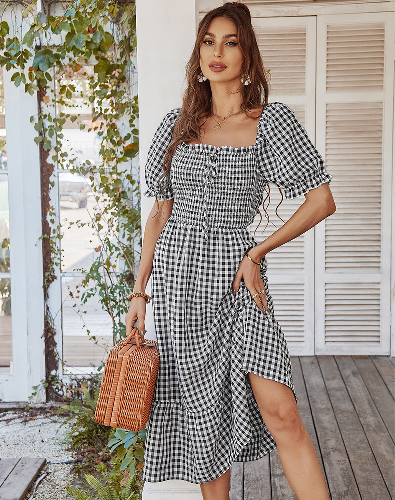 short sleeve square neck lace-up long plaid dress NSDY120840