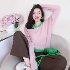 秋冬新款100羊毛衫女粉色时尚撞色宽松慵懒风毛衣内搭针织打底衫