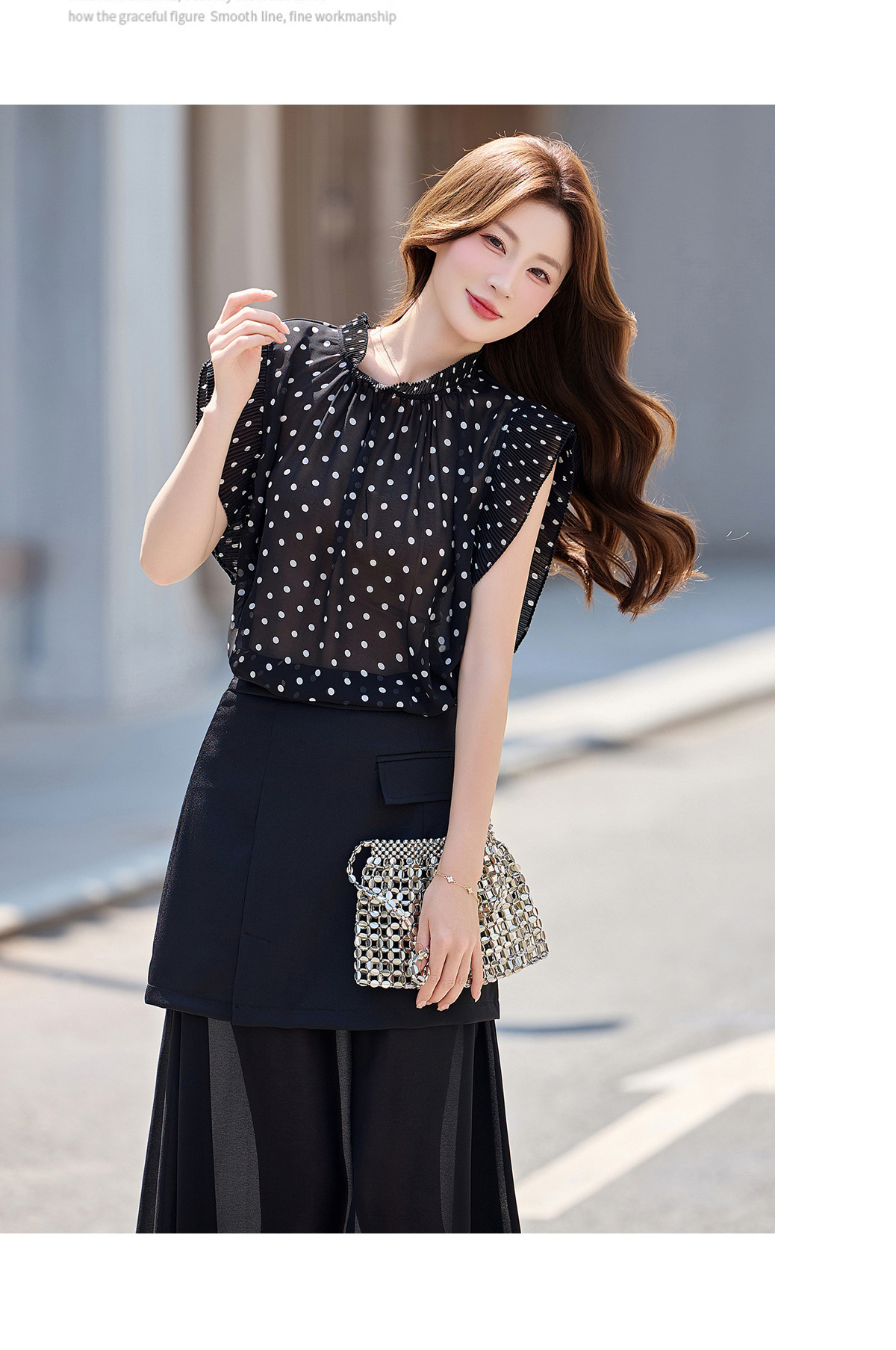 Set áo sơ mi chấm bi + chân váy midi suông rộng thiết kế thanh lịch 2026 — Màu ảnh chi tiết 16