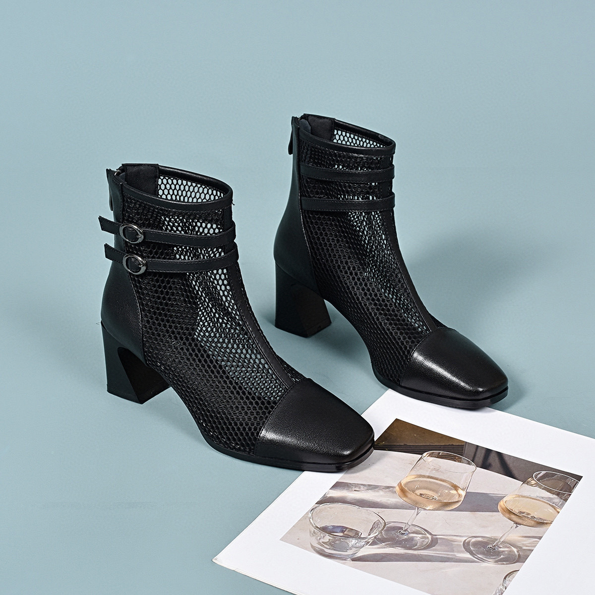 Boot Martin nữ cao gót mũi vuông da thật lưới thoáng khí gót dày — Màu đen [kiểu da bò] chi tiết 9