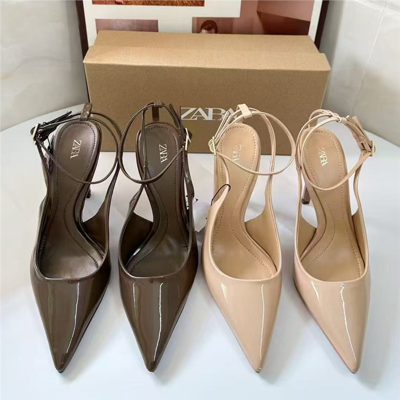 Za2025 Autum New Women's Shoes Khaki Green Royal Sister Sexy High Heels Pointed Toe Hollow Stiletto Sandals Flats