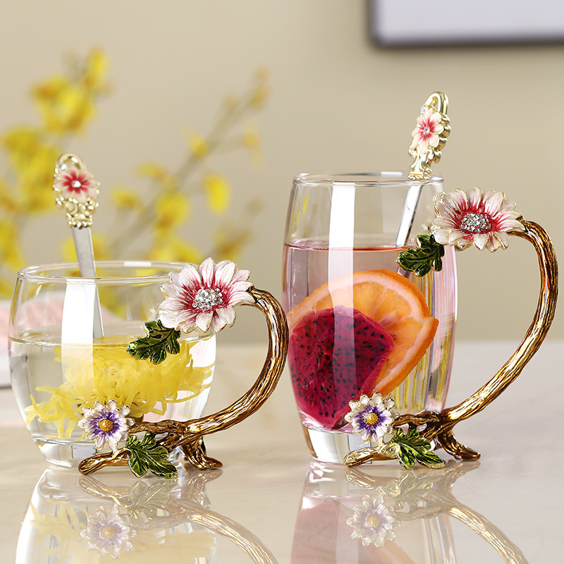 París marzo esmalte taza de agua de cristal resistente a altas temperaturas taza de té de flores para regalar a la novia maestros regalo de té