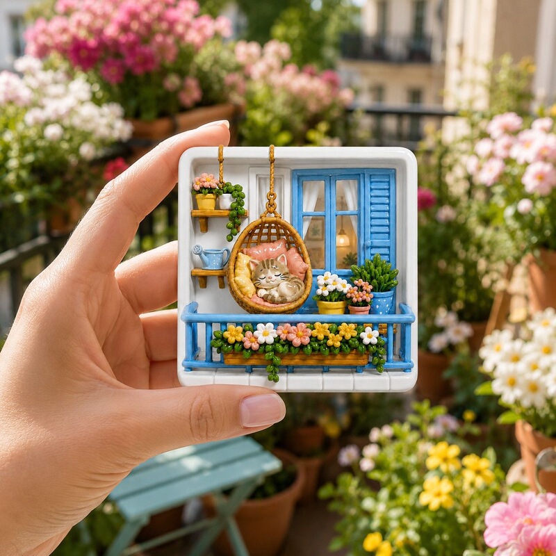 French-Style Balcony Lazy Cat 3D Fridge Magnets Healing Flower Sea Windowsill Cat Resin Magnetic Stickers Wholesale
