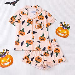 国境を越えた貿易新しいヨーロッパとアメリカの女性のパジャマハロウィンプリントラペル半袖ショーツヨーロッパとアメリカのホームウェアセット