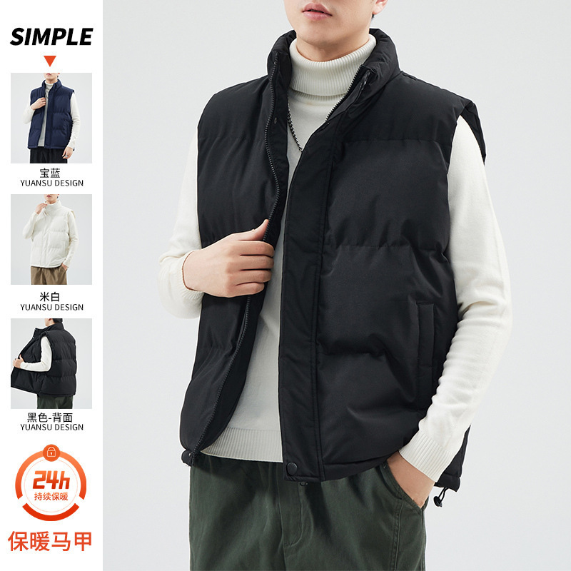 Black down Vest for Men, Winter 2025 New Style, Warm Outerwear with Fleece, Sleeveless Foreign Trade Vest