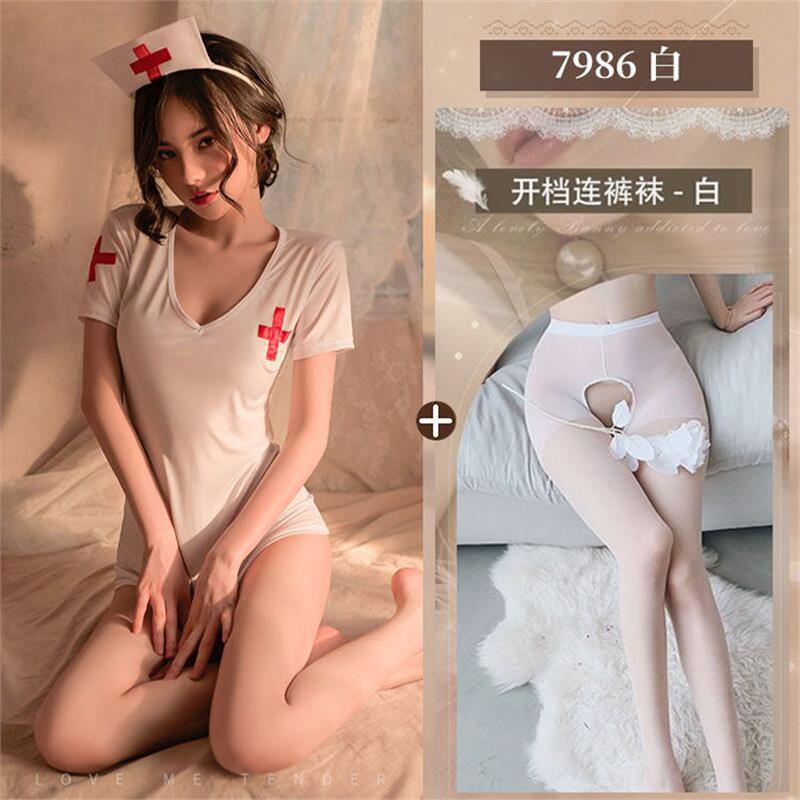 간호사 (머리띠 + 스커트 + T바지) + 흰색 오픈 양말