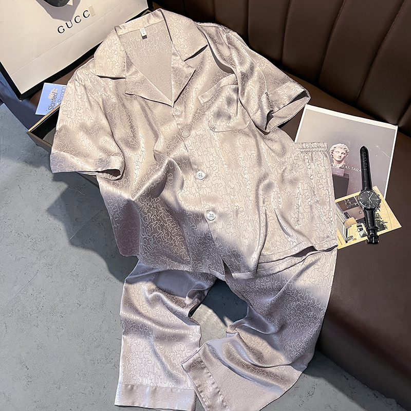 マルベリーシルクパジャマメンズツーピースシルク半袖ズボン夏ルーズ大きいサイズスーツ薄いシルクホーム服|undefined