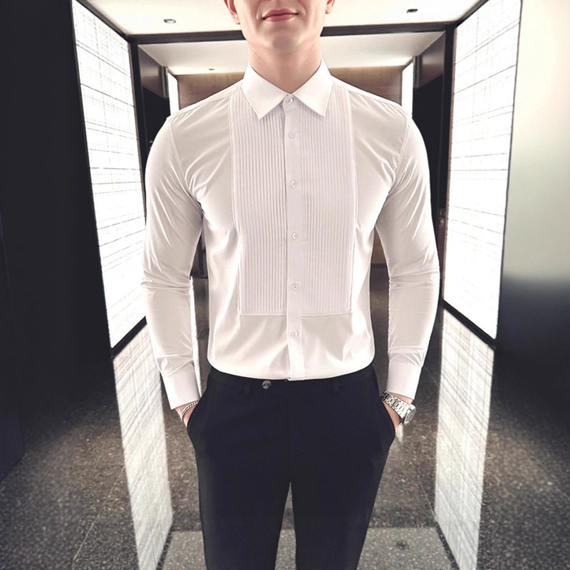 French-Style Tuxedo White Shirt for Men with Textured Slim-Fit Long-Sleeve Formal Dress Organ Pleated Shirt Suit Base Layer