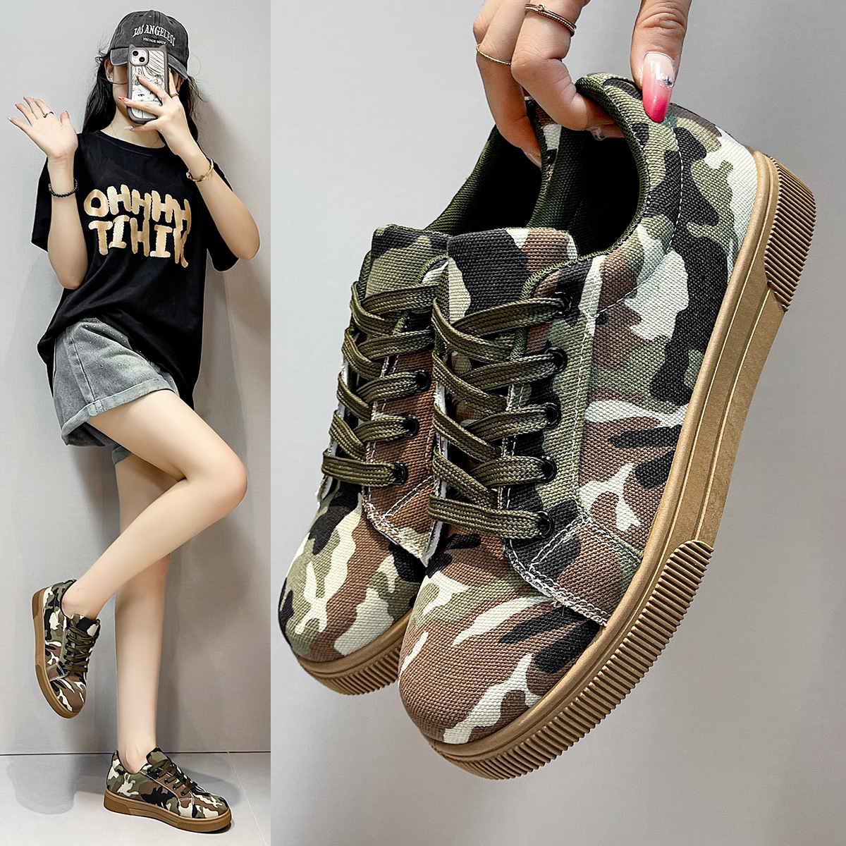 欧美跨境大码迷彩帆布鞋女2025年新款休闲平底运动鞋