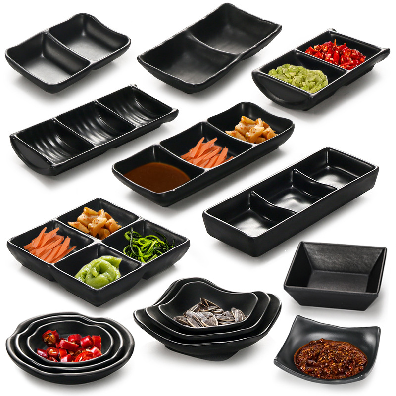 Melamine tableware black small business serving plate divided into two sections, two-section seasoning dipping plate, three-section flavor plate, four-section cold dish, Japanese style