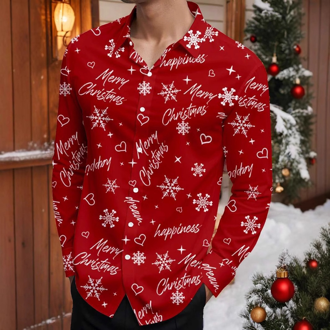 Romántico Navidad brillante copo de nieve 3D estampado hombre casual salvaje calle de manga larga solapa camisa con botones