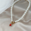 Accessory, necklace from pearl, crystal, pendant heart-shaped, chain for key bag , European style, simple and elegant design, diamond encrusted