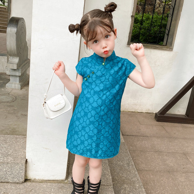 Blue kids chinese dresses Cheongsam qipao for girls Chinese  celebrity children model show perofmance phtos shooting cheongsam for children