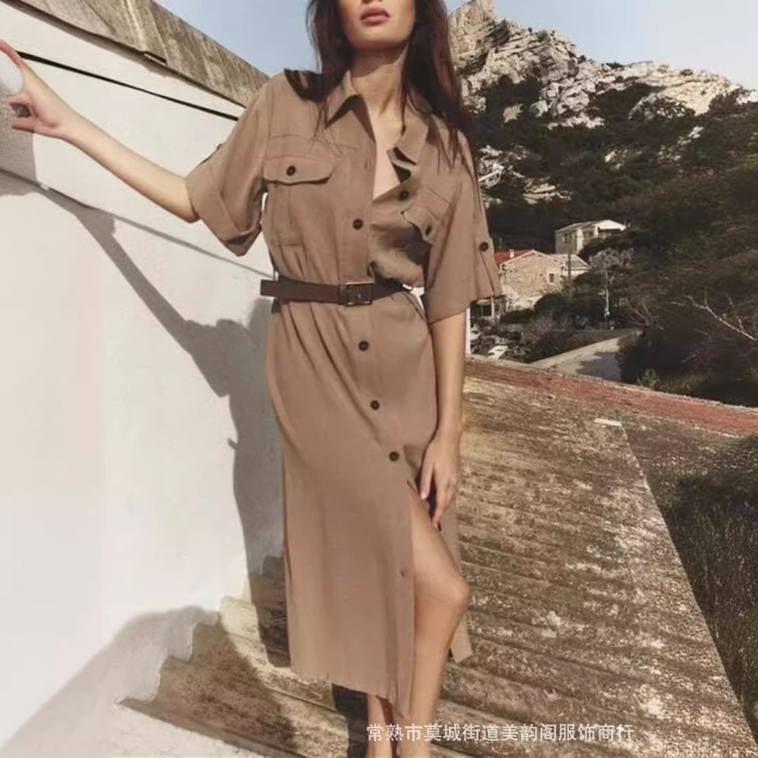 UC&ZA AliExpress transfronteiriço, roupa europeia e americana, novo vestido camisa elegante e emagrecedor com cinto 2298068