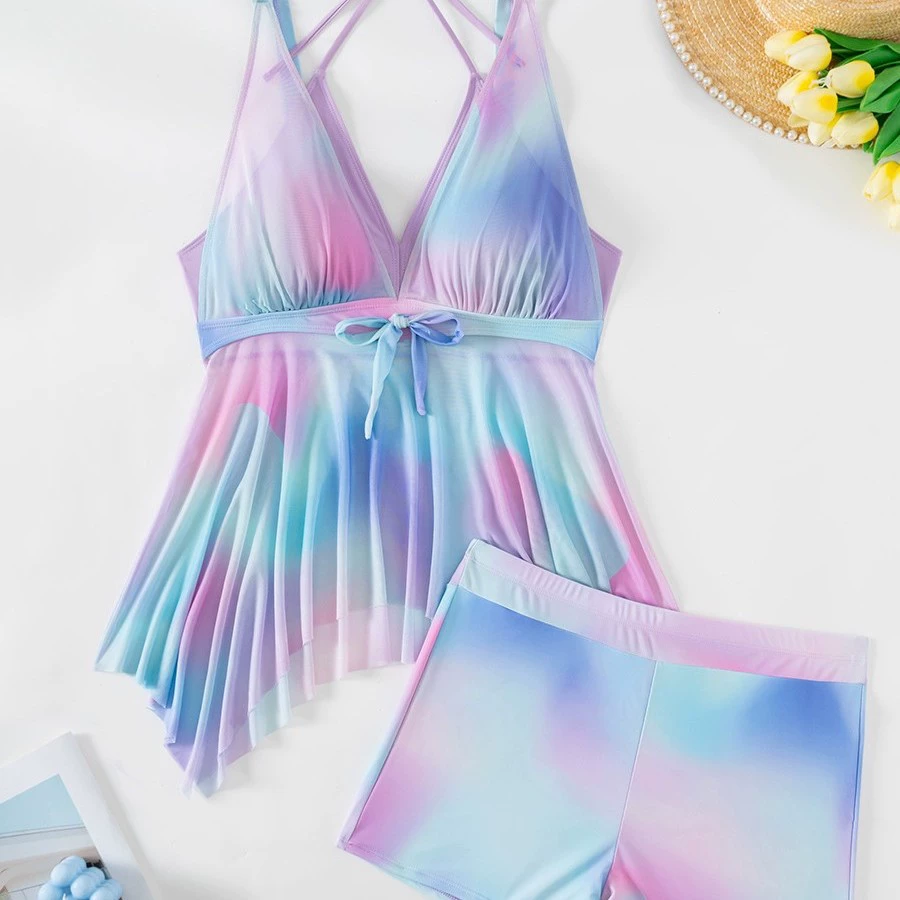 Горячий продажа новый плюс-сайз бикини купальник сетка вшивка halter стиль цветовой градиент расплывчатый женский танкини