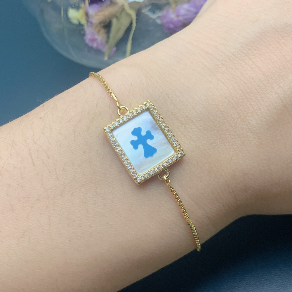 Fashion Cross Copper Inlay Turquoise Shell Zircon Bracelets
