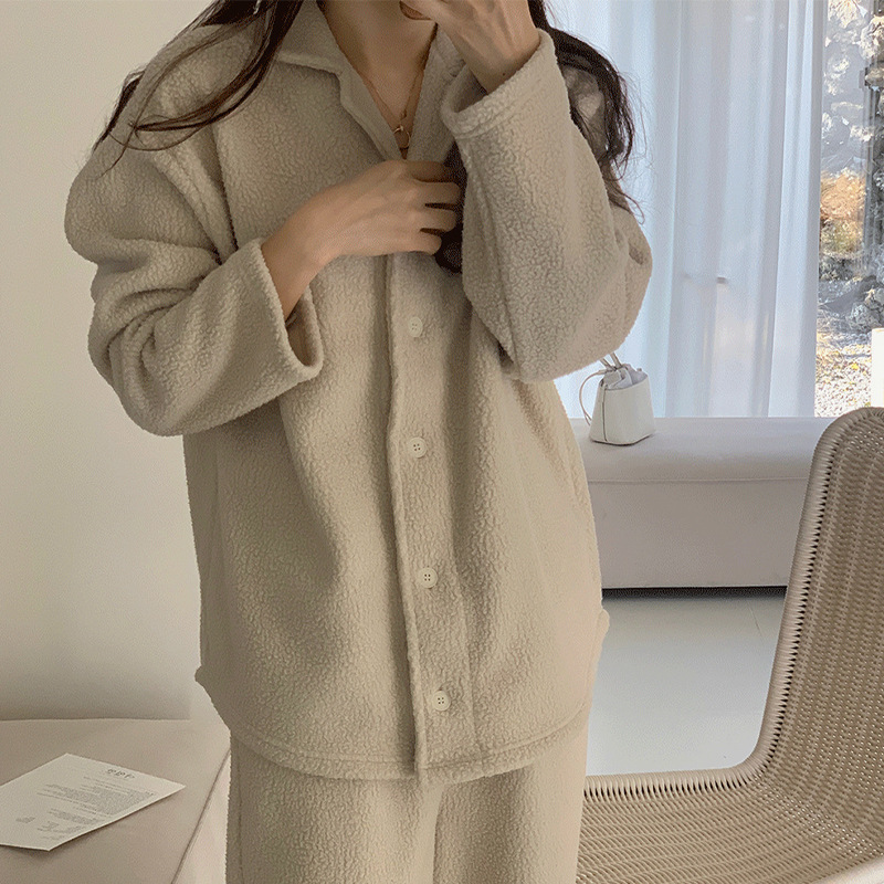 Autumn and Winter lapel cardigan Teddy velvet thickened warm pajamas ins Korean style high-grade lamb wool home wear suit