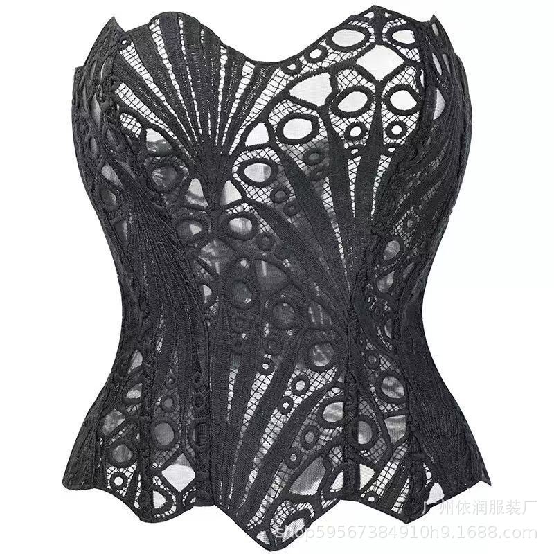 Corte europea y americana plástico malla transpirable impresión de encaje sexy hueco irregular doble ajustamiento corsé