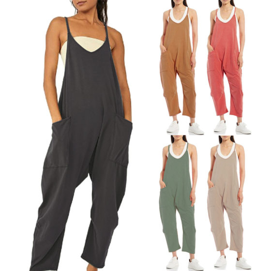 2022 European and American Women's Amazon Size Independent Station Explosions Solid Color Zipper Pocket Sling Jumpsuit Fat Hip Pants