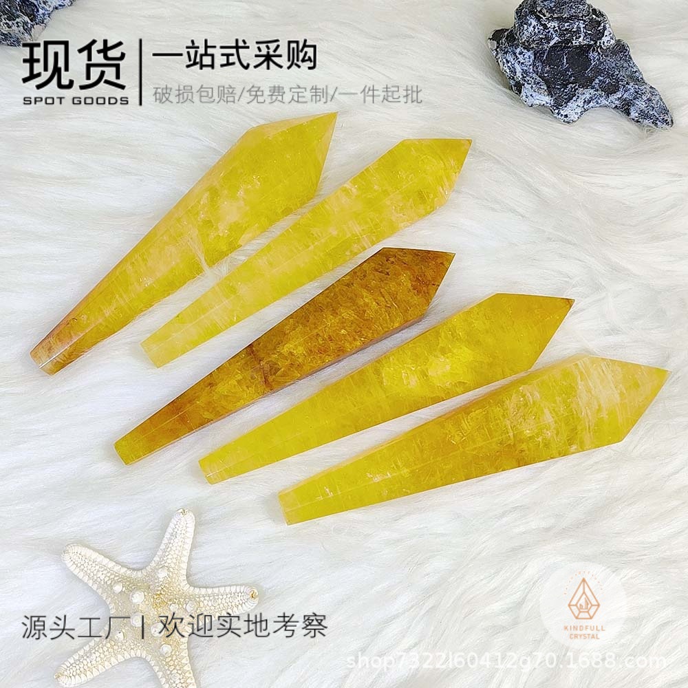 天然黄胶花权杖水晶柱六棱柱水晶工艺品摆件原石打磨跨境热销批发
