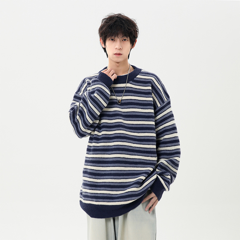 Jianheng Sweater Men's Autumn and Winter Retro Pullover Top Loose Casual Striped Contrast Color Round Neck Sweater Couple Women