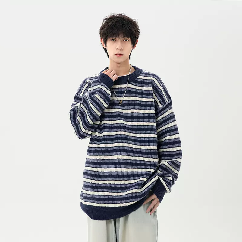简恒毛衣男秋冬季复古套头上衣宽松休闲条纹撞色圆领针织衫情侣女