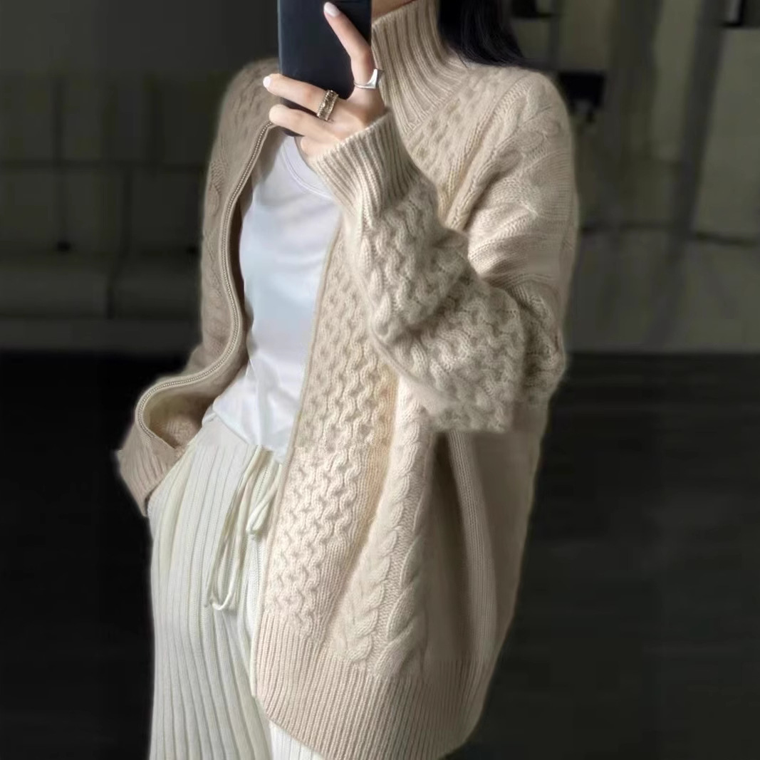 Pesado Otoño e Invierno Nueva cachemir cardigan de las mujeres 100 pura Cachemira cremallera solapa suéter punto flojo abrigo lana