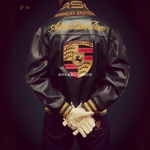 Porsche Racing Jacket Co-Branded with James Car Motorcycle Heavy Micro-Badge Embroidered Men's and Women's Retro Leather Jacket