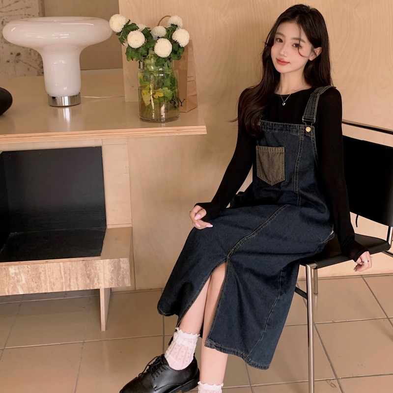 Ropa de embarazo de otoño 2025 nuevo estilo coreano de moda vaquero vestido de cinturón negro de dos piezas vestido de embarazo