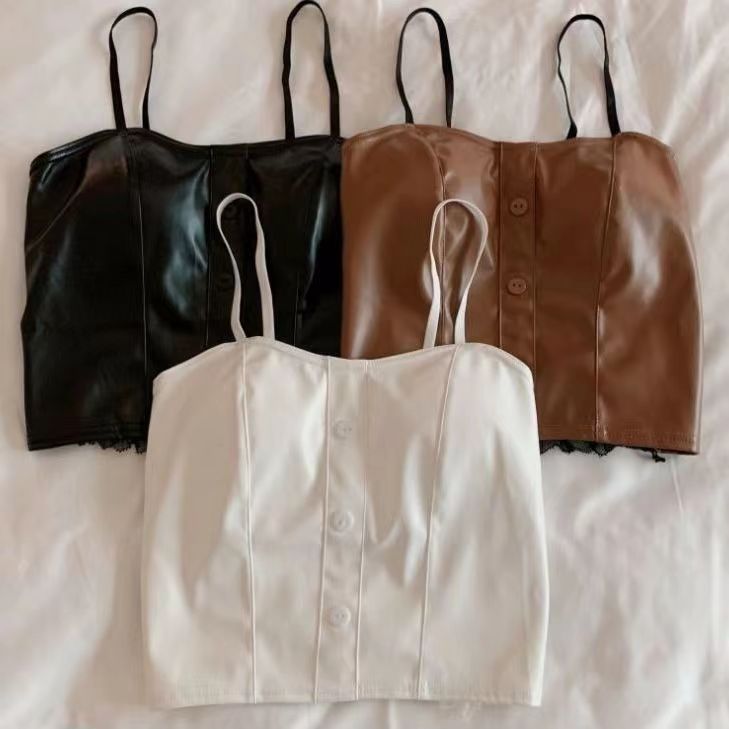 Hot Girls Puleather Camisole Women's Autumn and Winter Black Temperament with Chest Pad Short Inner Top Base Shirt Outer Wear