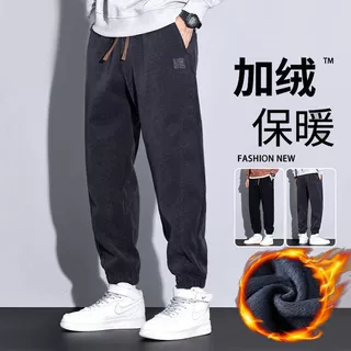 跨境秋冬新款加绒保暖休闲裤男韩版保暖松紧腰宽松哈伦束脚裤走量