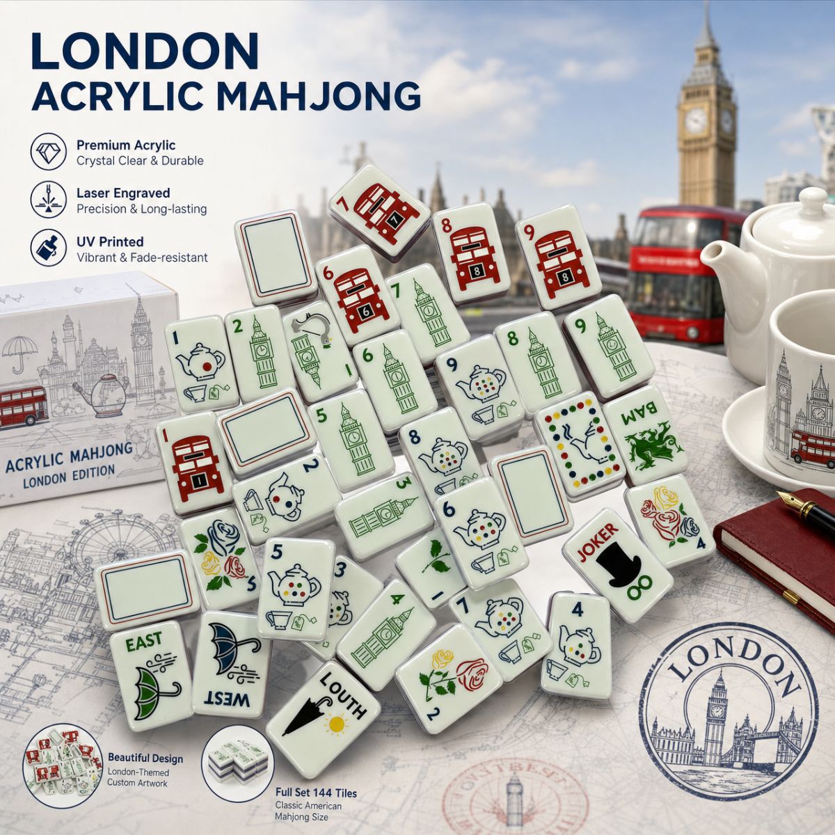 In stock, British vintage version 160-piece set of engraved, color-filled American mahjong tiles