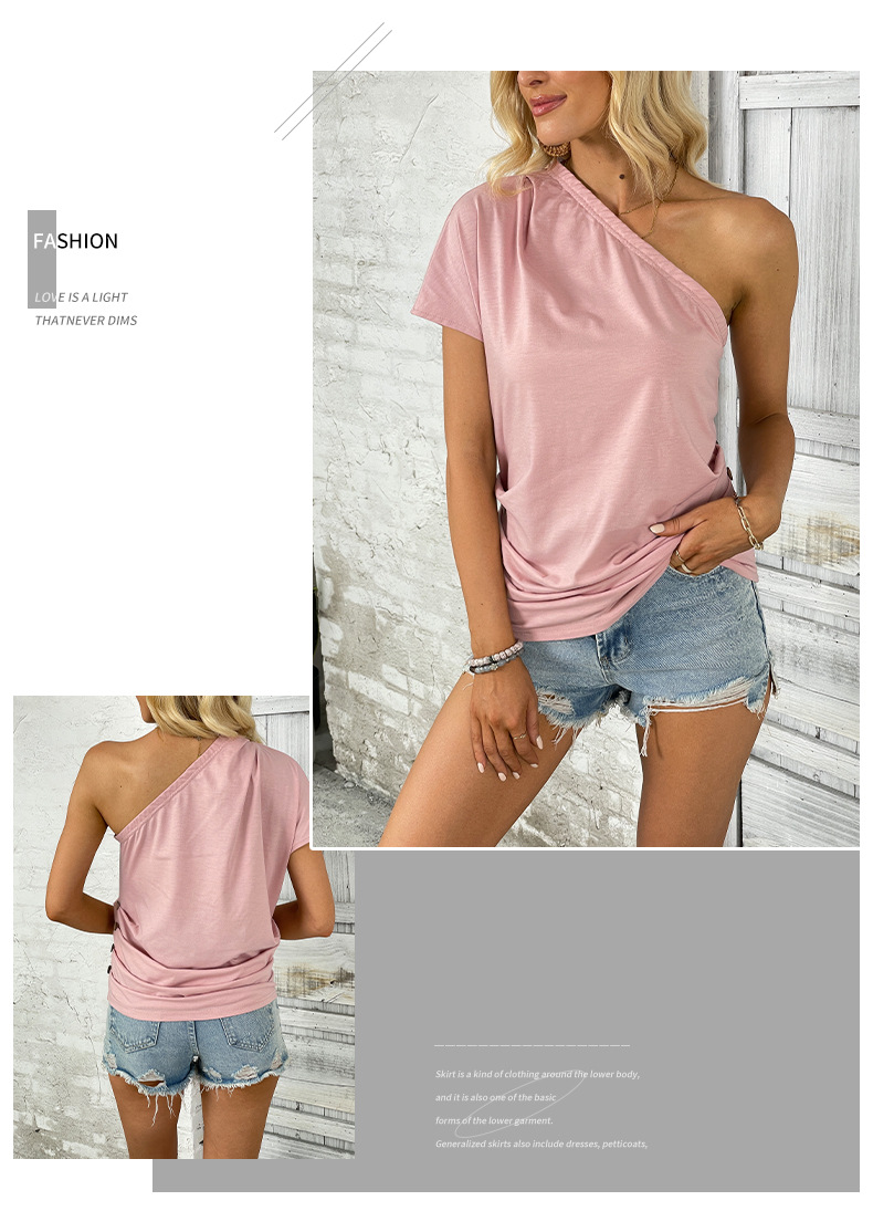 Pink Off-shoulder One-shoulder Casual T-Shirts_voghion.com