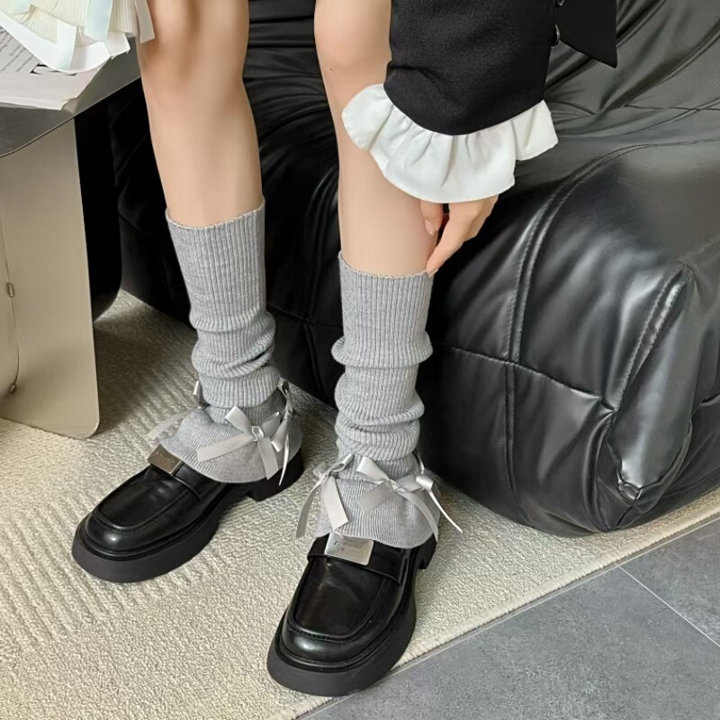 Socks with bowknot wool small leather shoes sweet autumn and winter warm solid color y2k millennium hot girl wind leg set ins