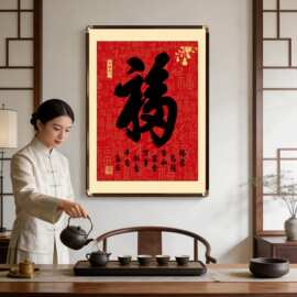 新中式福字玄关铜角装饰画五福临门过道走廊茶室壁画寓意好挂画