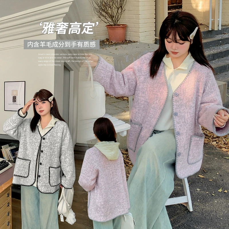 Французские богатые тысячи золотых шерстяных пальто зимний большой размер женский темперамент V-образный вырез маленький ароматный топ 421861