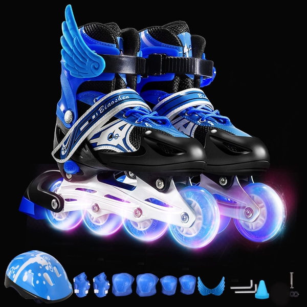Blue shoes, protective gear, helmet, set