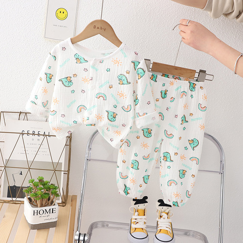 Children's thin double-layer cotton gauze pajamas for babies, summer dresses for girls, home wear for boys, handsome lantern pants set
