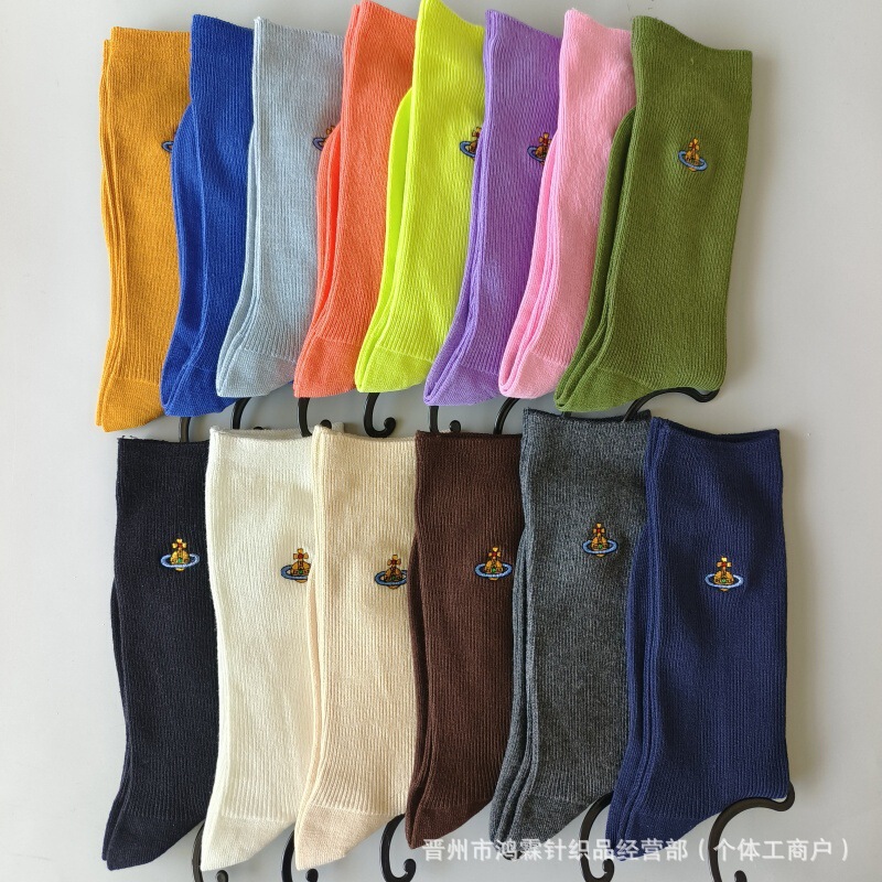 Japanese Empress Saturn Embroidered Colorful Double Needle Women's Mid-Calf Ins Trendy Versatile Slouchy Socks Solid Color Casual Socks