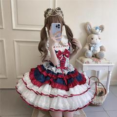 韩菇凉~原创设计Lolita洋装白雪姬jsk吊带连衣裙女拼接短裙肩带款